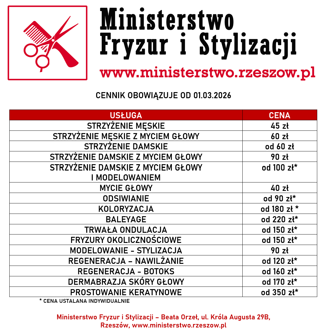 Ministerstwo Fryzur - Cennik